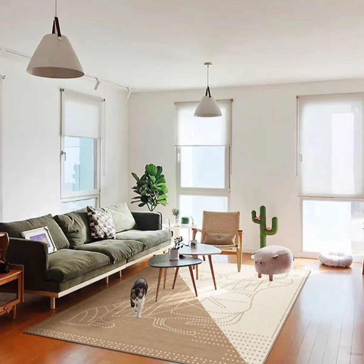 Modern Geometric Pattern Brown and White Area Rug Image - 12