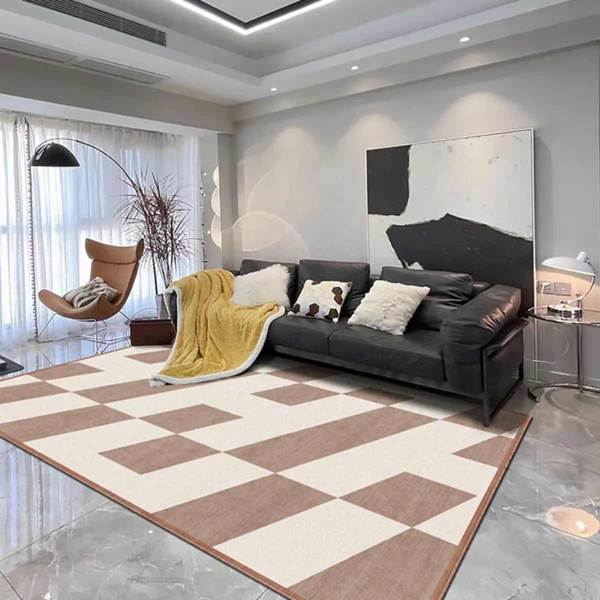 Modern Geometric Pattern Brown and White Area Rug Image - 13