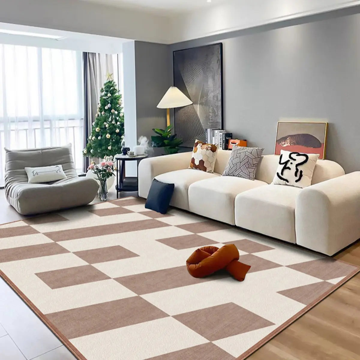 Modern Geometric Pattern Brown and White Area Rug Image - 14