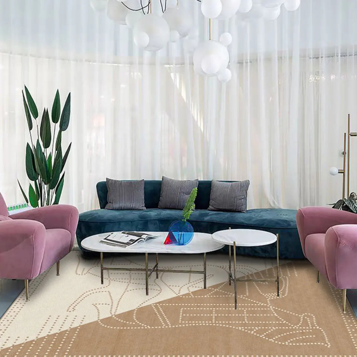 Modern Geometric Pattern Brown and White Area Rug Image - 15