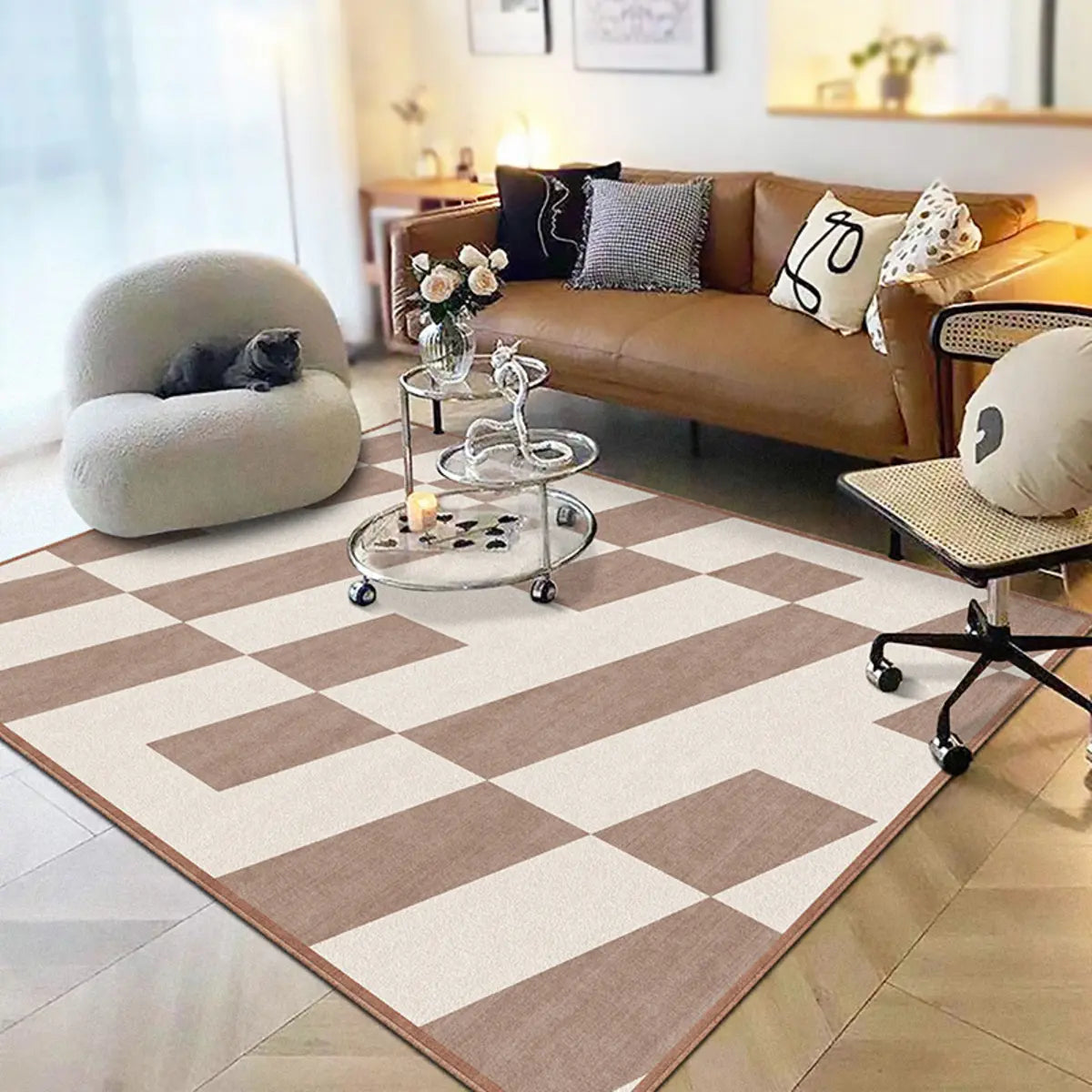 Modern Geometric Pattern Brown and White Area Rug Image - 4