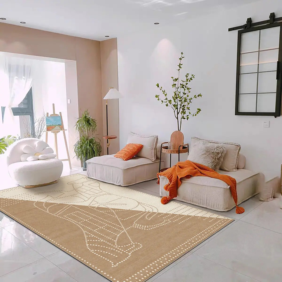 Modern Geometric Pattern Brown and White Area Rug Image - 7