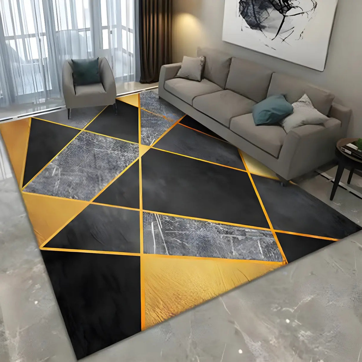 Modern Geometric Polyester Anti-Slip Yellow Carpet Rug Image - 1
