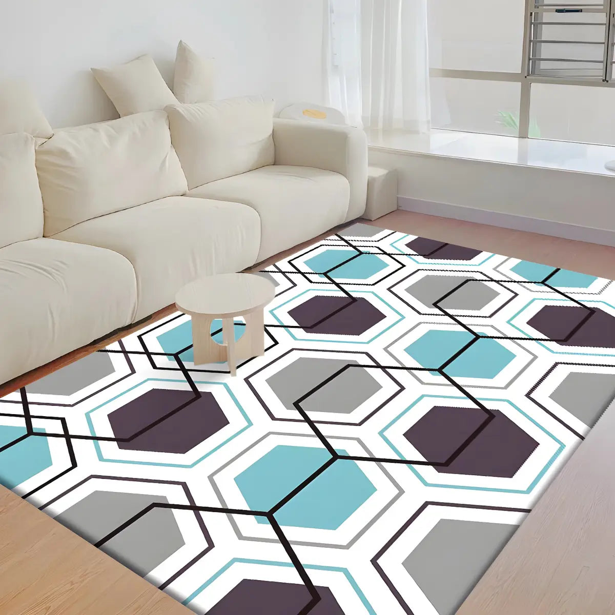 Modern Geometric Polyester Blue Anti-Slip Area Rug Image - 2