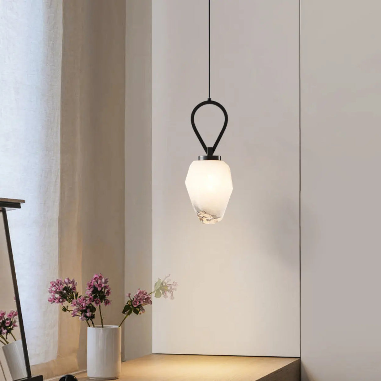 Modern Geometric White Glass Pendant Light Adjustable Cord Image - 1