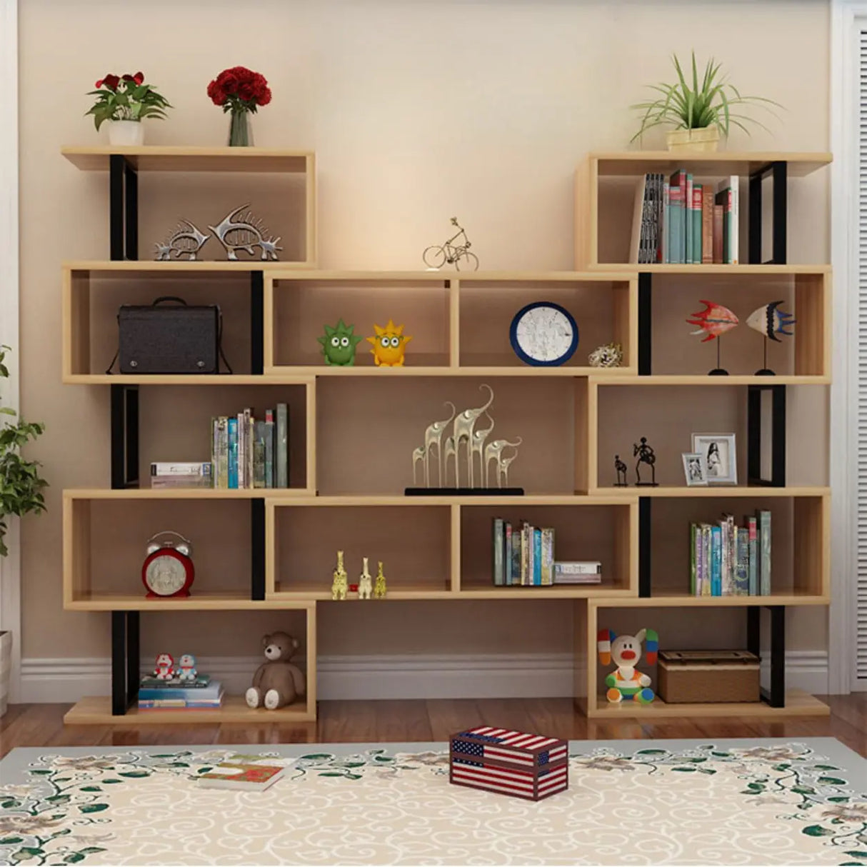 Modern Geometric Wood Grain Vertical Storage Bookcase Image - 1