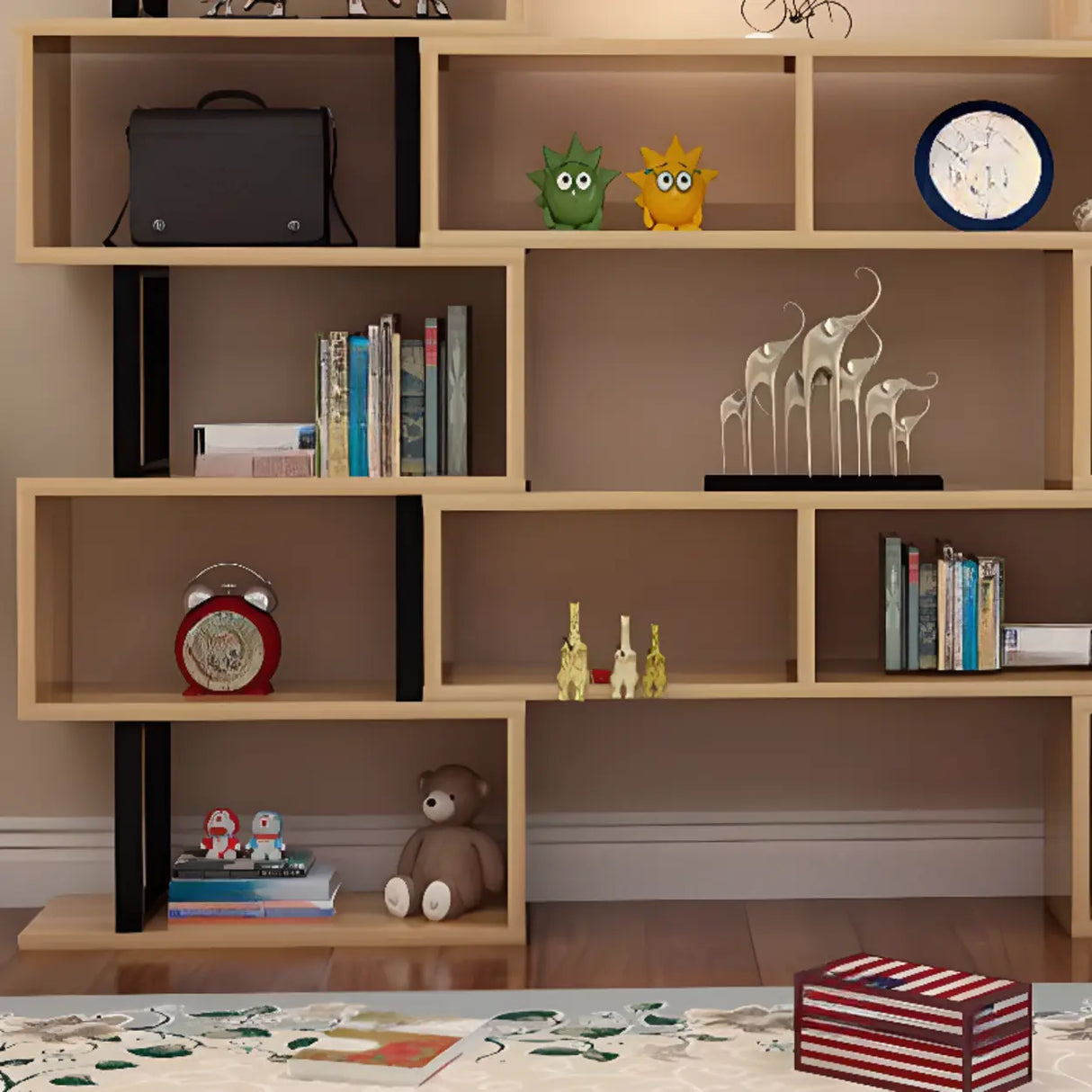 Modern Geometric Wood Grain Vertical Storage Bookcase Image - 10