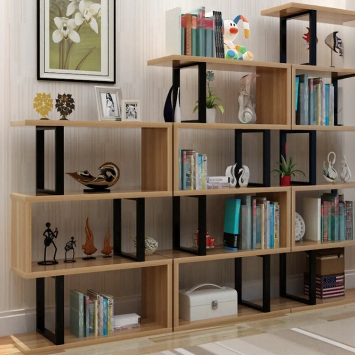 Modern Geometric Wood Grain Vertical Storage Bookcase Image - 4