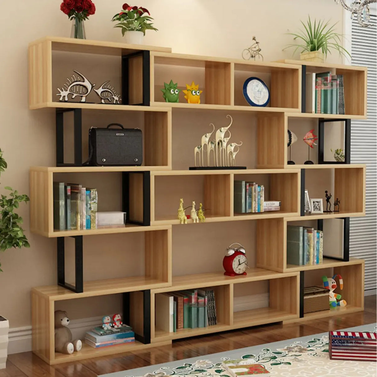 Modern Geometric Wood Grain Vertical Storage Bookcase Image - 6