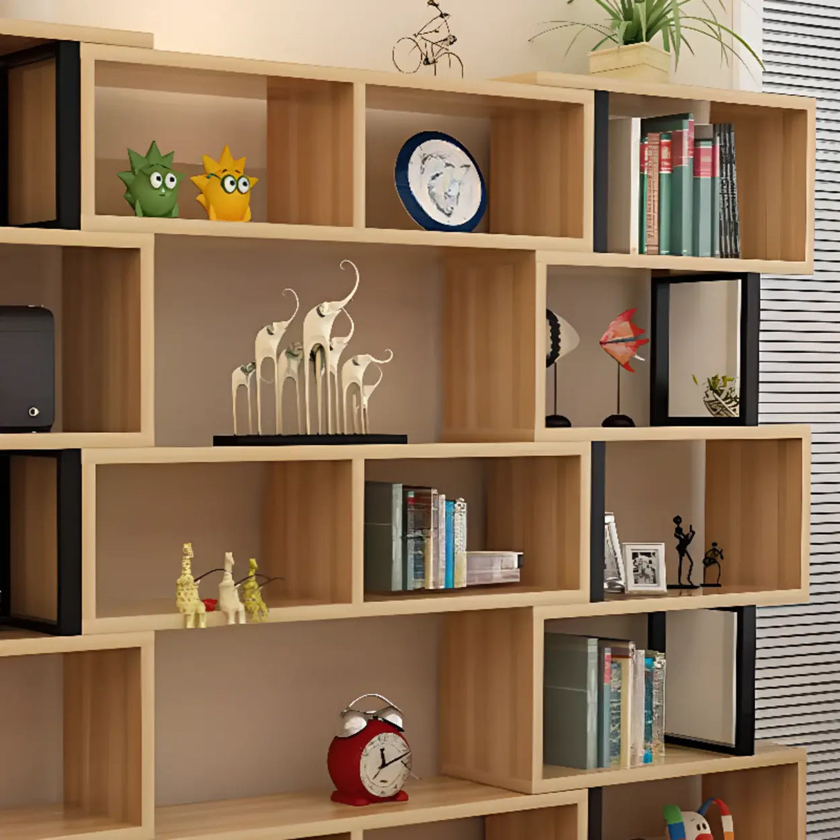 Modern Geometric Wood Grain Vertical Storage Bookcase Image - 8