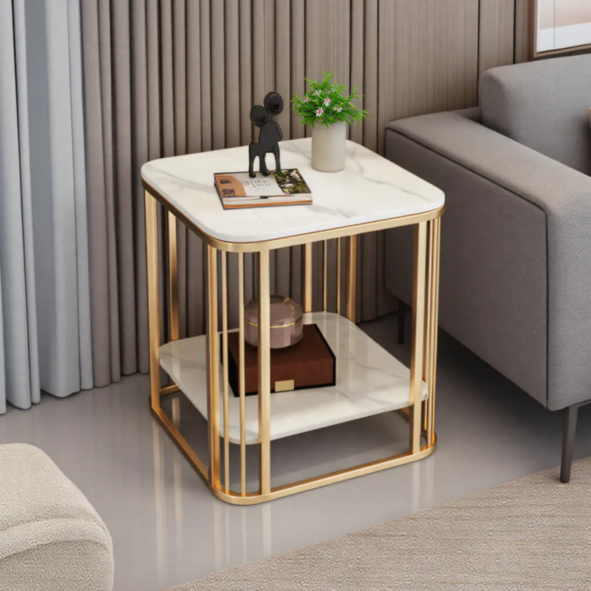 Modern Glam Marble Square Metal Side Table with Shelf Image - 1