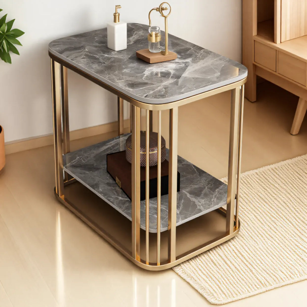 Modern Glam Marble Square Metal Side Table with Shelf Image - 10