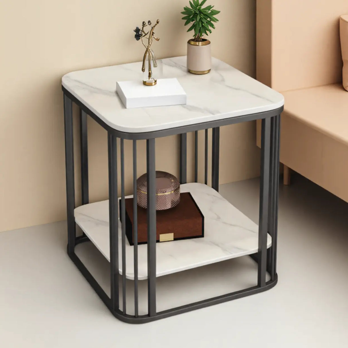 Modern Glam Marble Square Metal Side Table with Shelf Image - 11