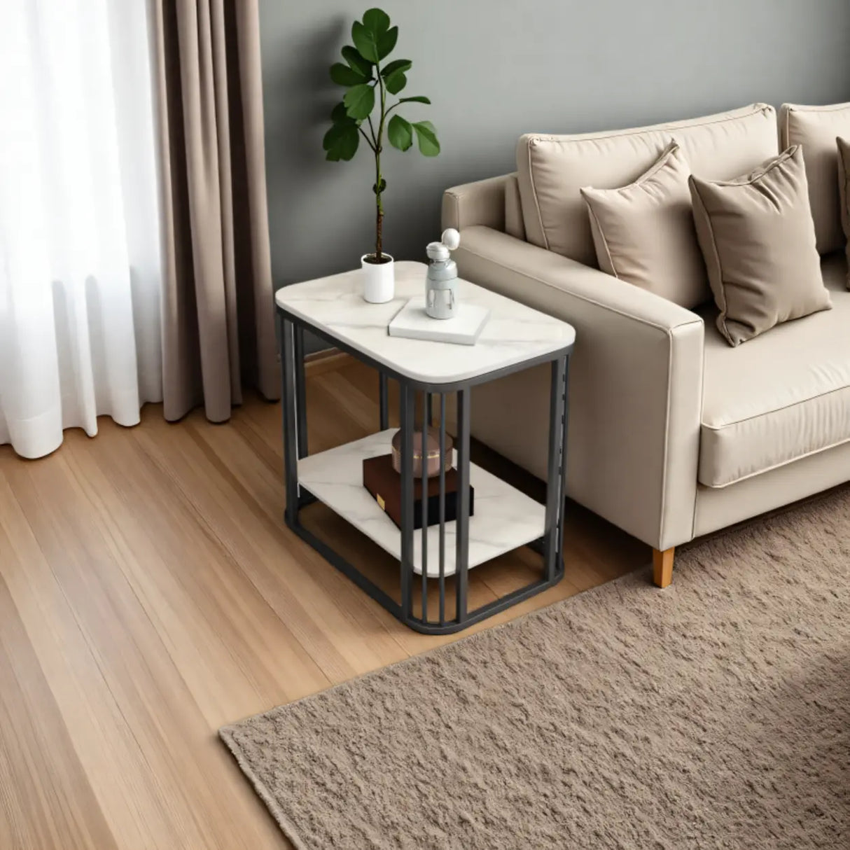 Modern Glam Marble Square Metal Side Table with Shelf Image - 12