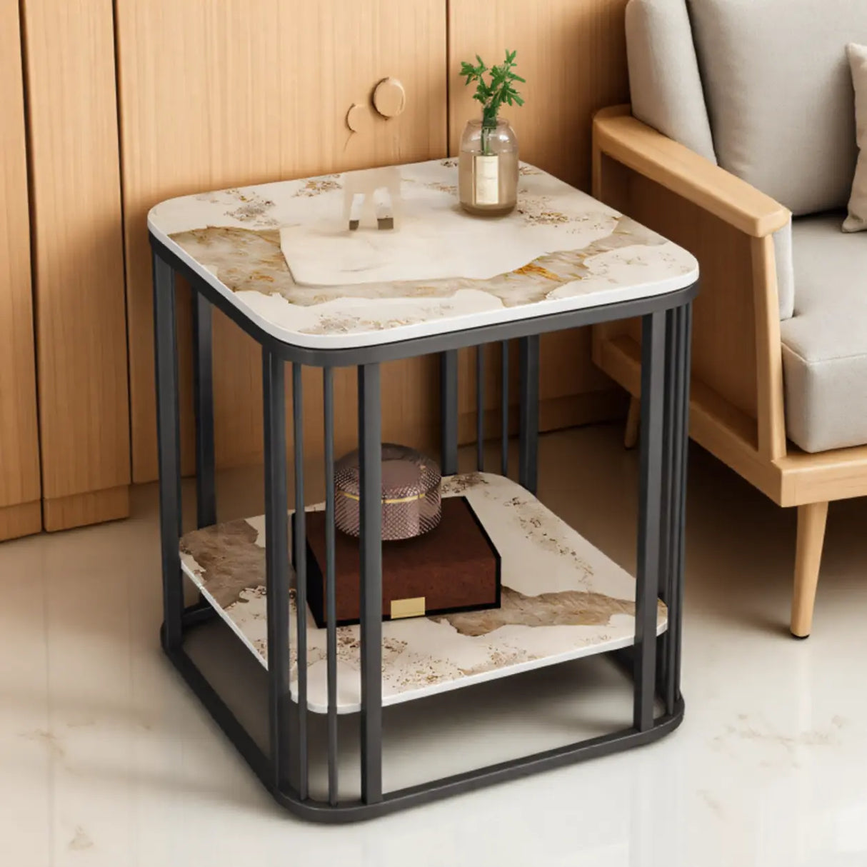 Modern Glam Marble Square Metal Side Table with Shelf Image - 13