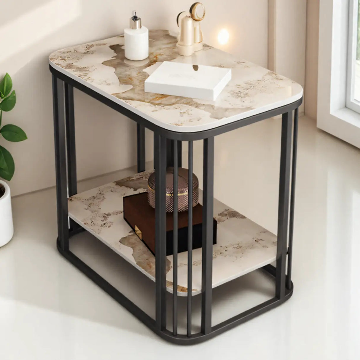 Modern Glam Marble Square Metal Side Table with Shelf Image - 14