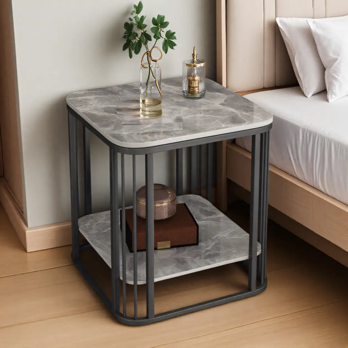 Modern Glam Marble Square Metal Side Table with Shelf Image - 15