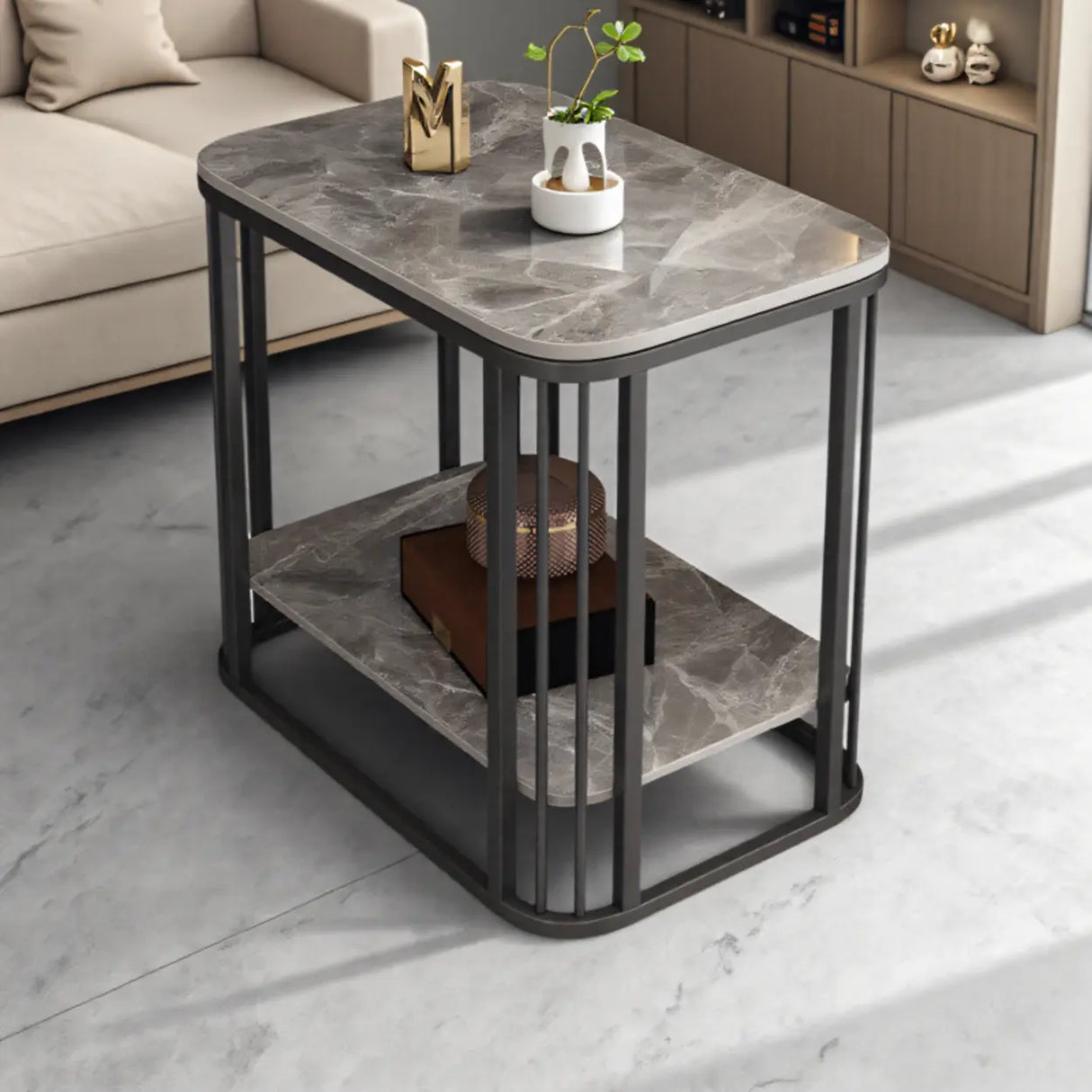 Modern Glam Marble Square Metal Side Table with Shelf Image - 16