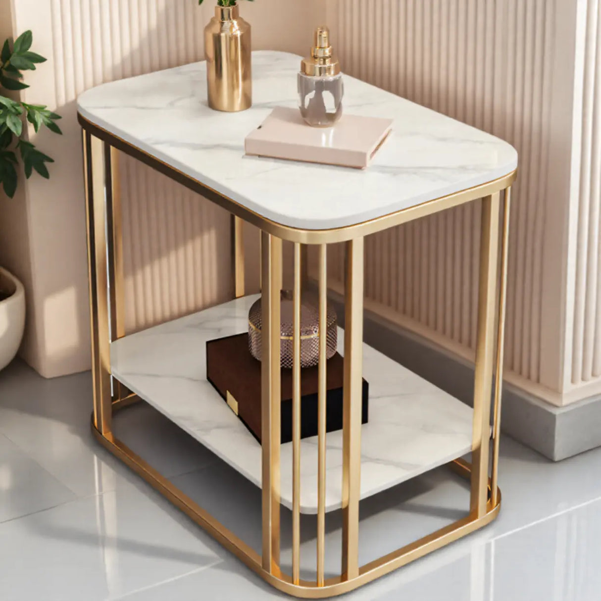 Modern Glam Marble Square Metal Side Table with Shelf Image - 2