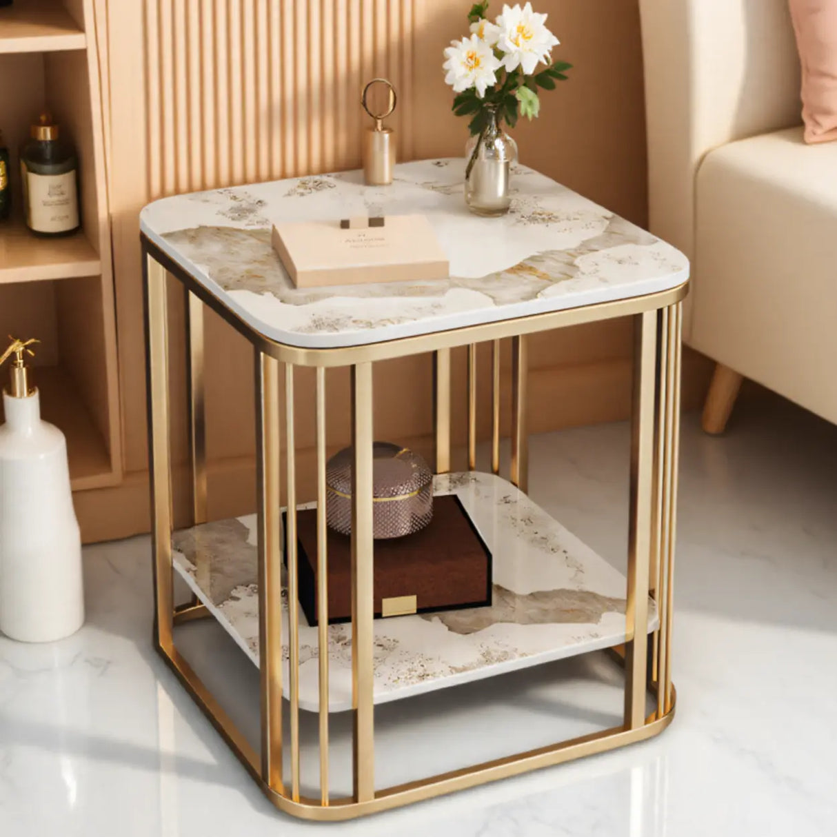Modern Glam Marble Square Metal Side Table with Shelf Image - 4