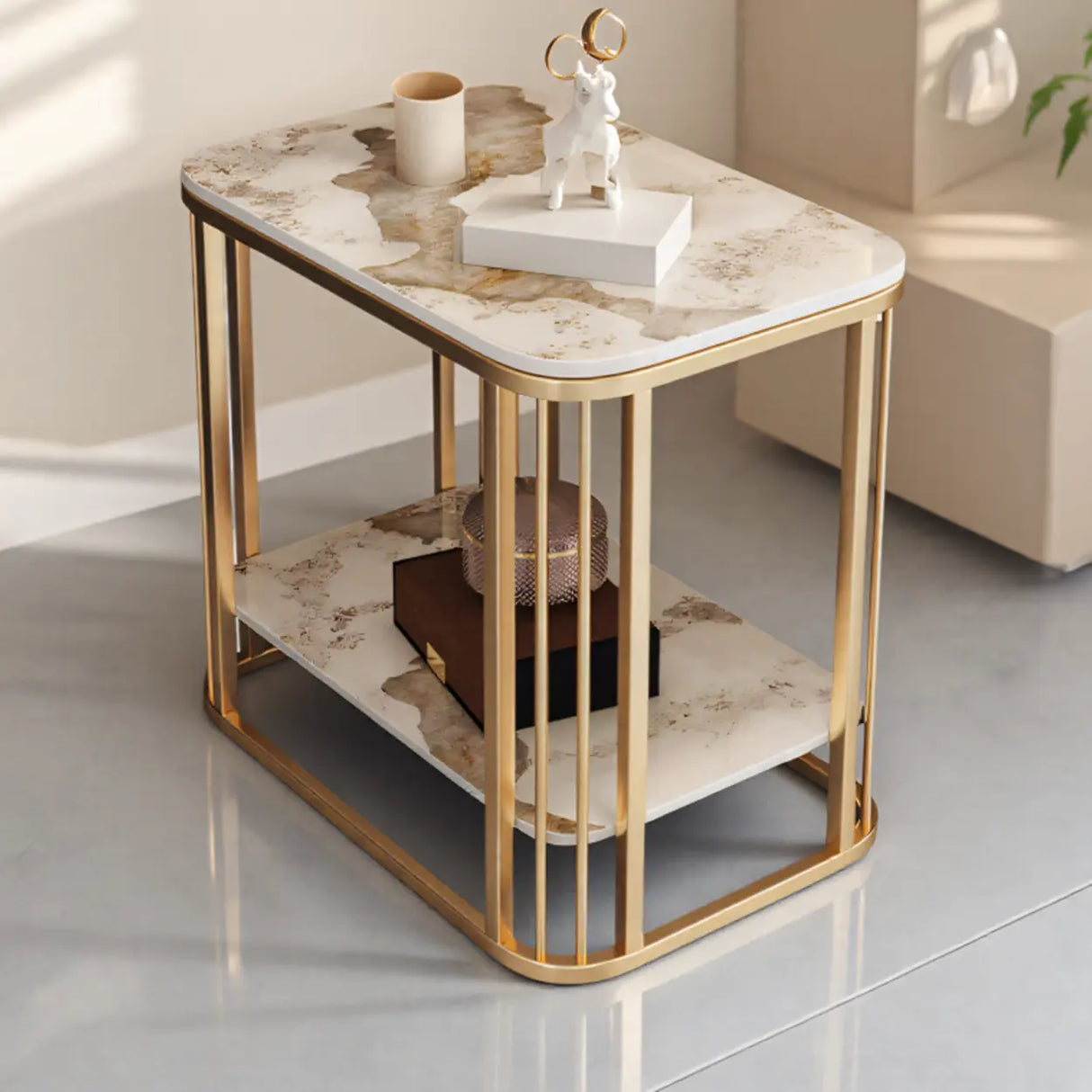 Modern Glam Marble Square Metal Side Table with Shelf Image - 6