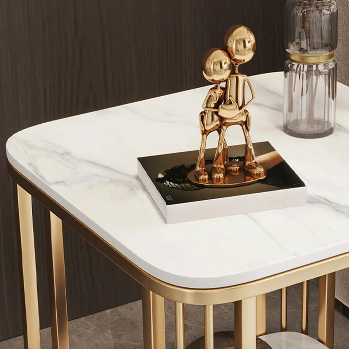 Modern Glam Marble Square Metal Side Table with Shelf Image - 7