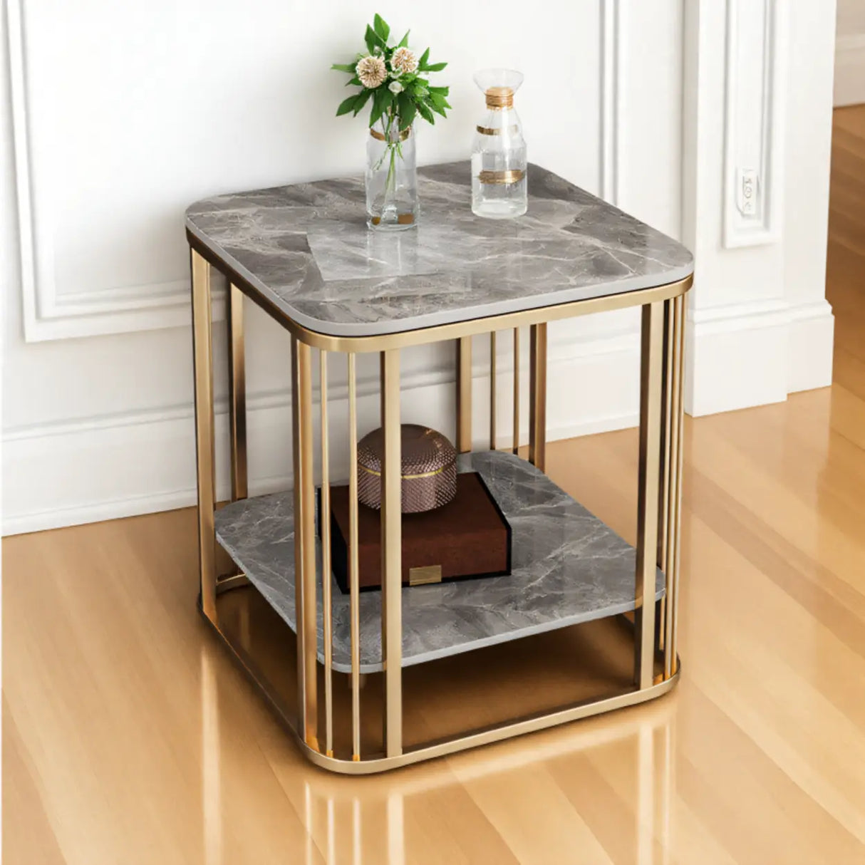 Modern Glam Marble Square Metal Side Table with Shelf Image - 8