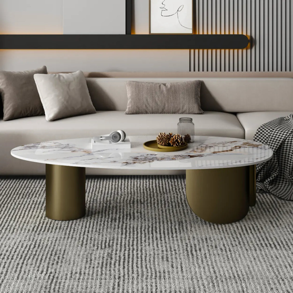 Modern Glam Oval Stone Coffee Table with Gold Base Image - 4