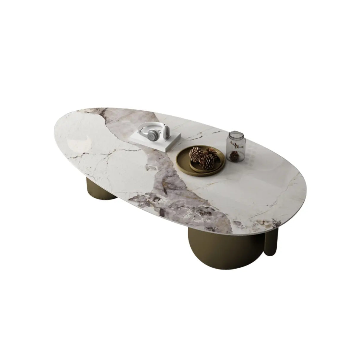 Modern Glam Oval Stone Coffee Table with Gold Base Image - 5