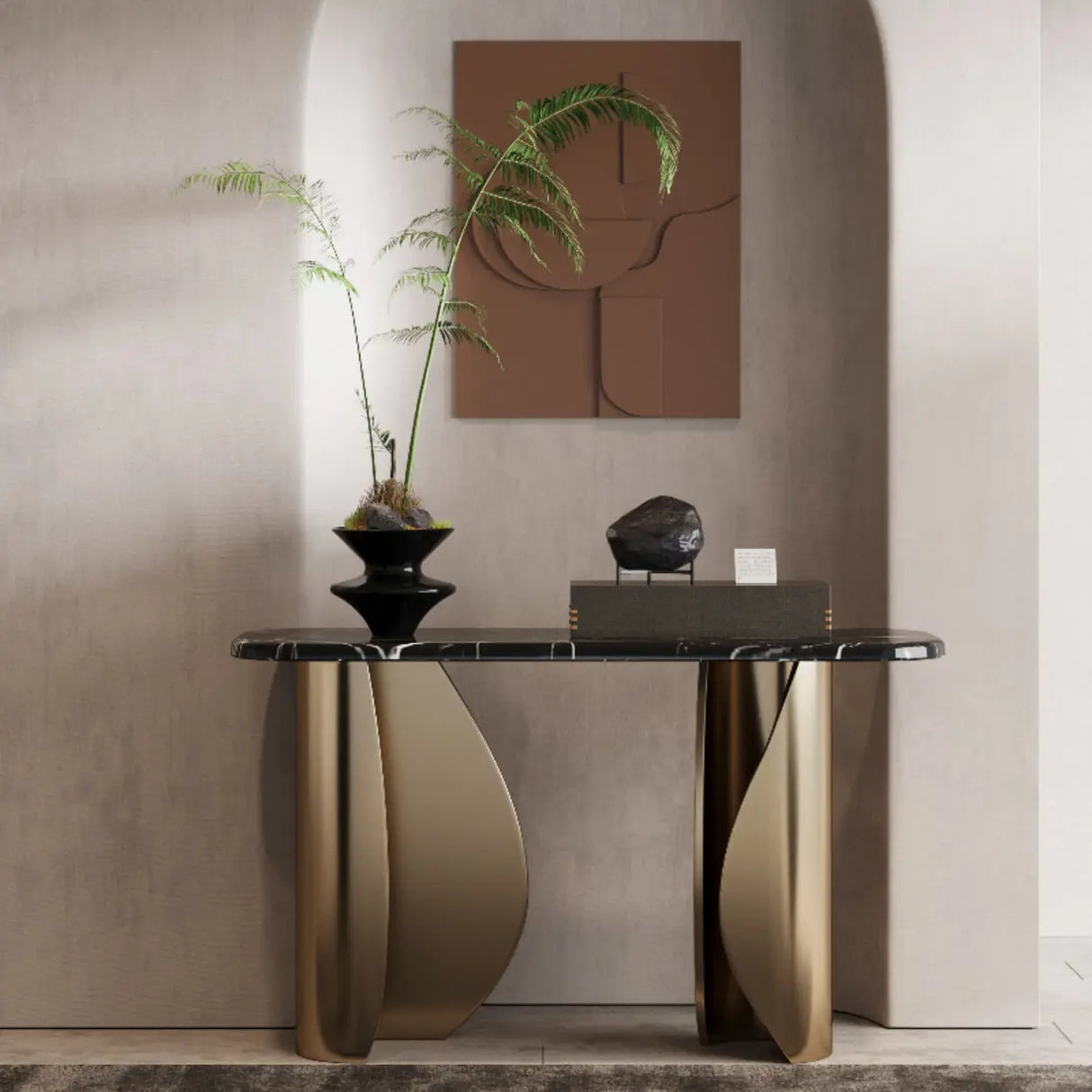 Modern Glam Rectangular Gold Pedestal Entryway Console Table Image - 2