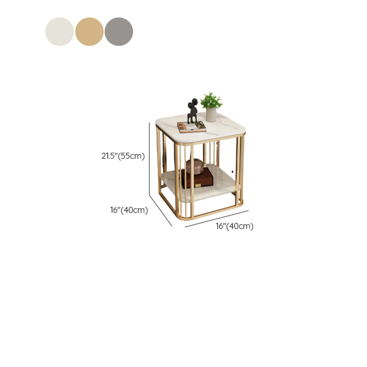 Modern Glam Stone Square Metal Side Table with Shelf Image - 18