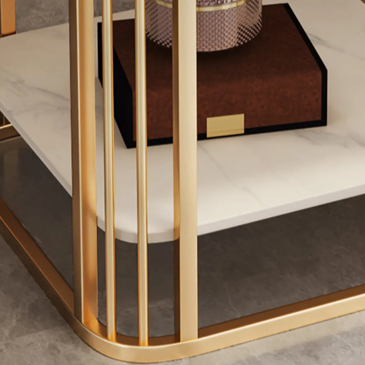 Modern Glam Stone Square Metal Side Table with Shelf Image - 4