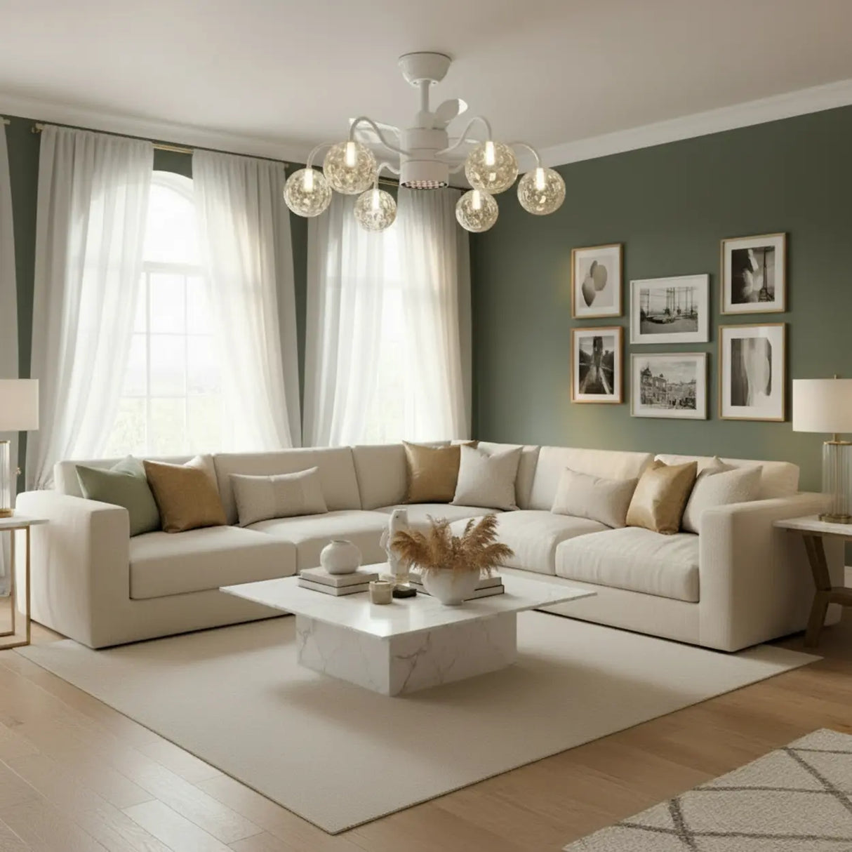 Modern Glass Globe Reversible Adjustable Ceiling Fan Light Image - 4