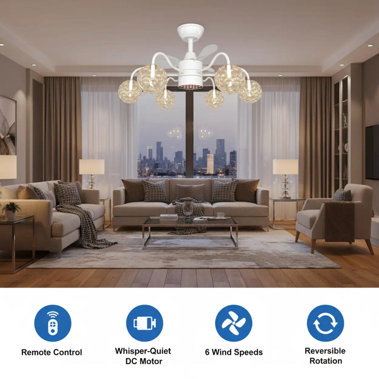Modern Glass Globe Reversible Adjustable Ceiling Fan Light Image - 8