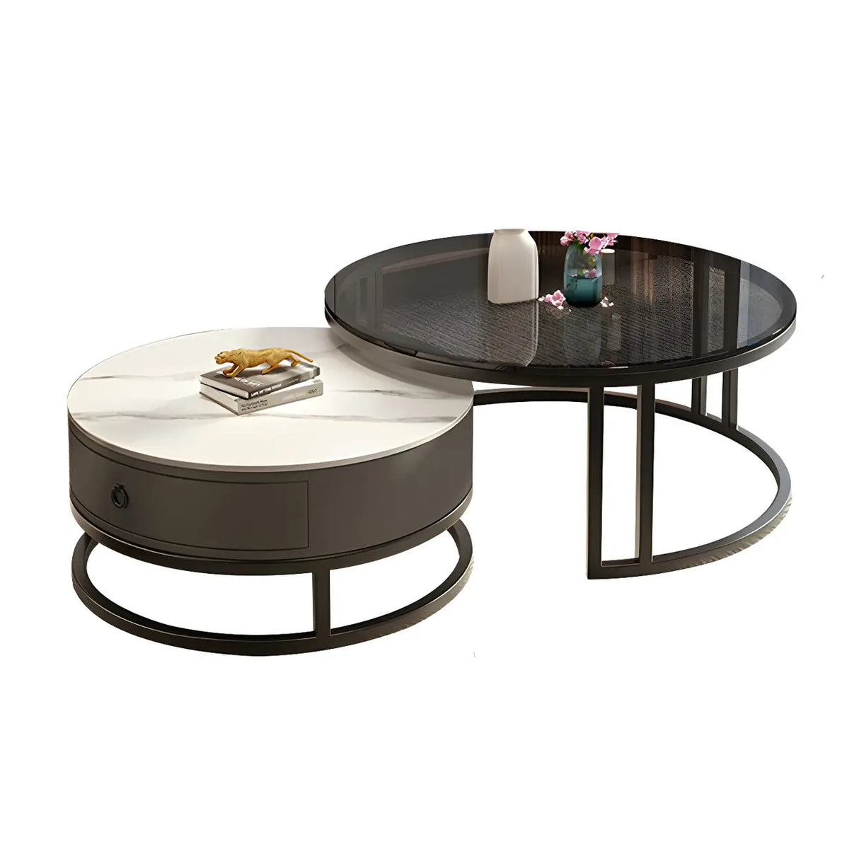 Modern Glass Round Steel Frame Nesting Coffee Tables Image - 10