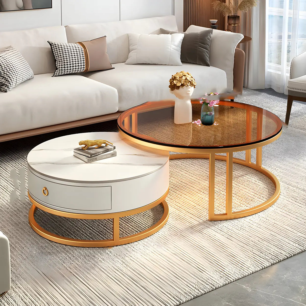 Modern Glass Round Steel Frame Nesting Coffee Tables Image - 11