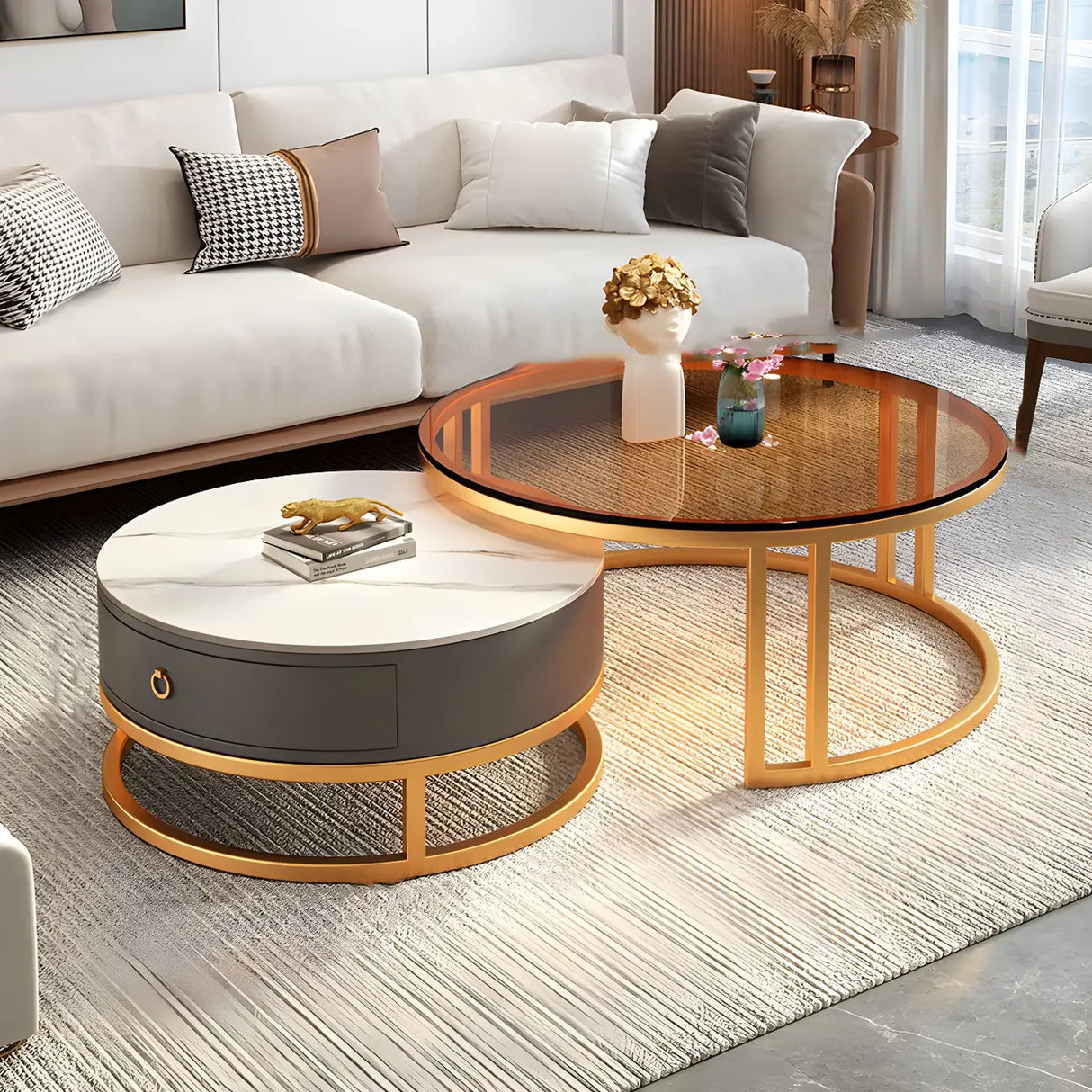 Modern Glass Round Steel Frame Nesting Coffee Tables Image - 13
