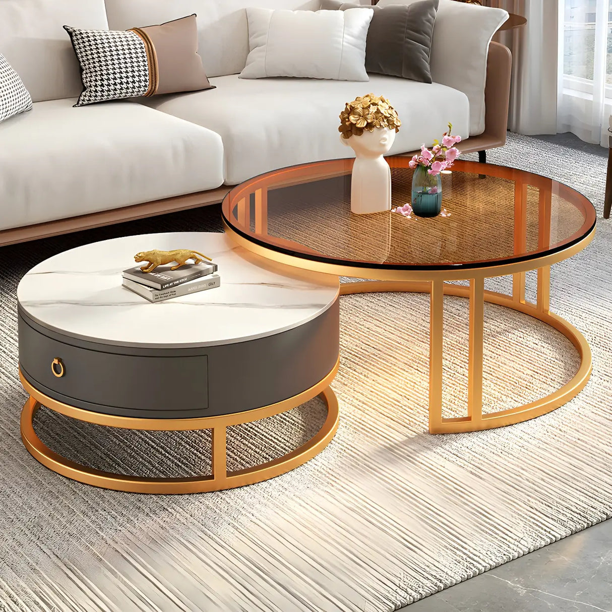 Modern Glass Round Steel Frame Nesting Coffee Tables Image - 1