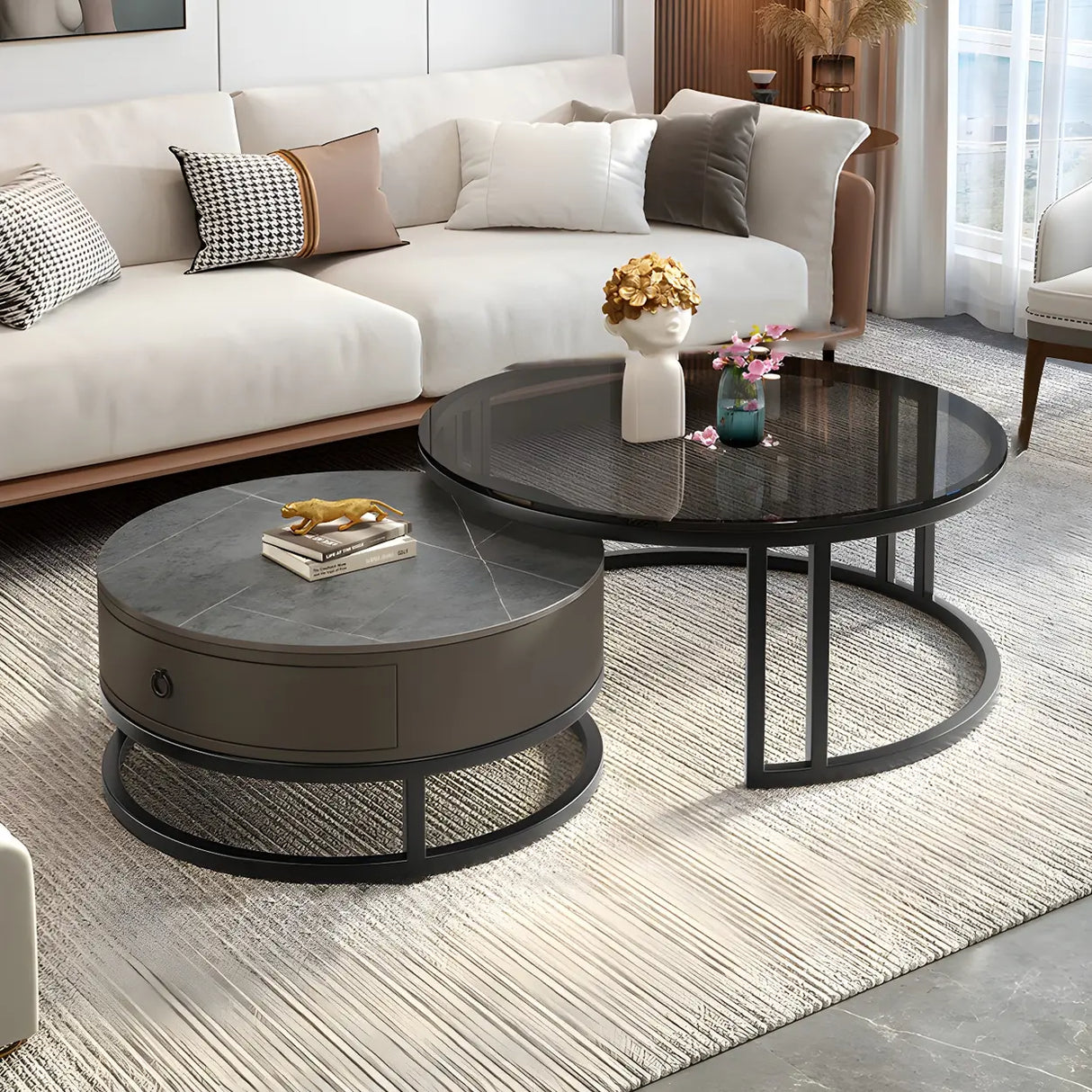 Modern Glass Round Steel Frame Nesting Coffee Tables Image - 2