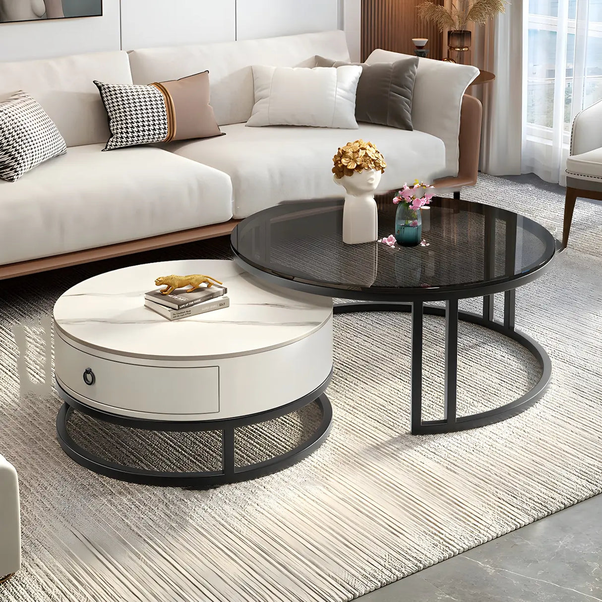 Modern Glass Round Steel Frame Nesting Coffee Tables Image - 3