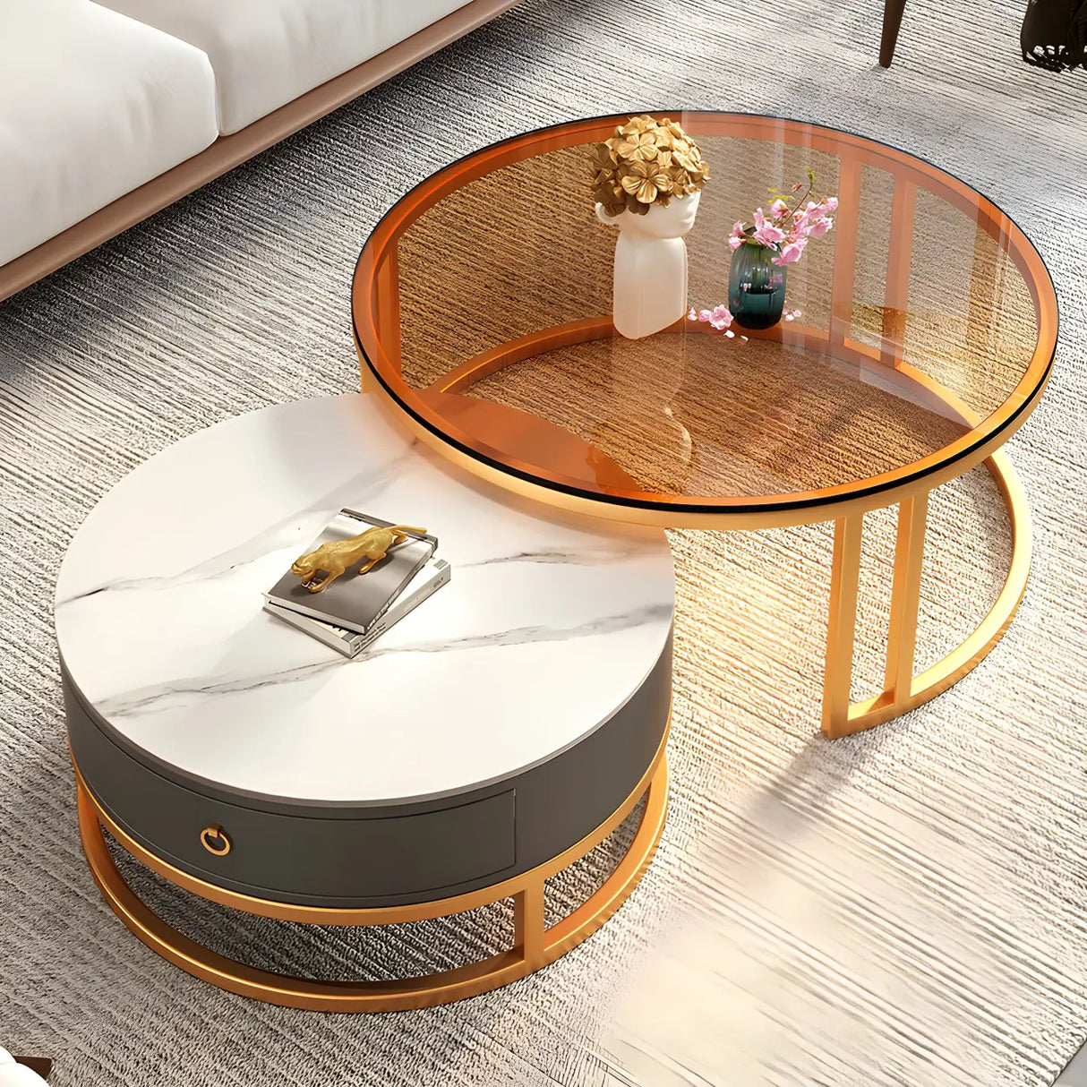 Modern Glass Round Steel Frame Nesting Coffee Tables Image - 4