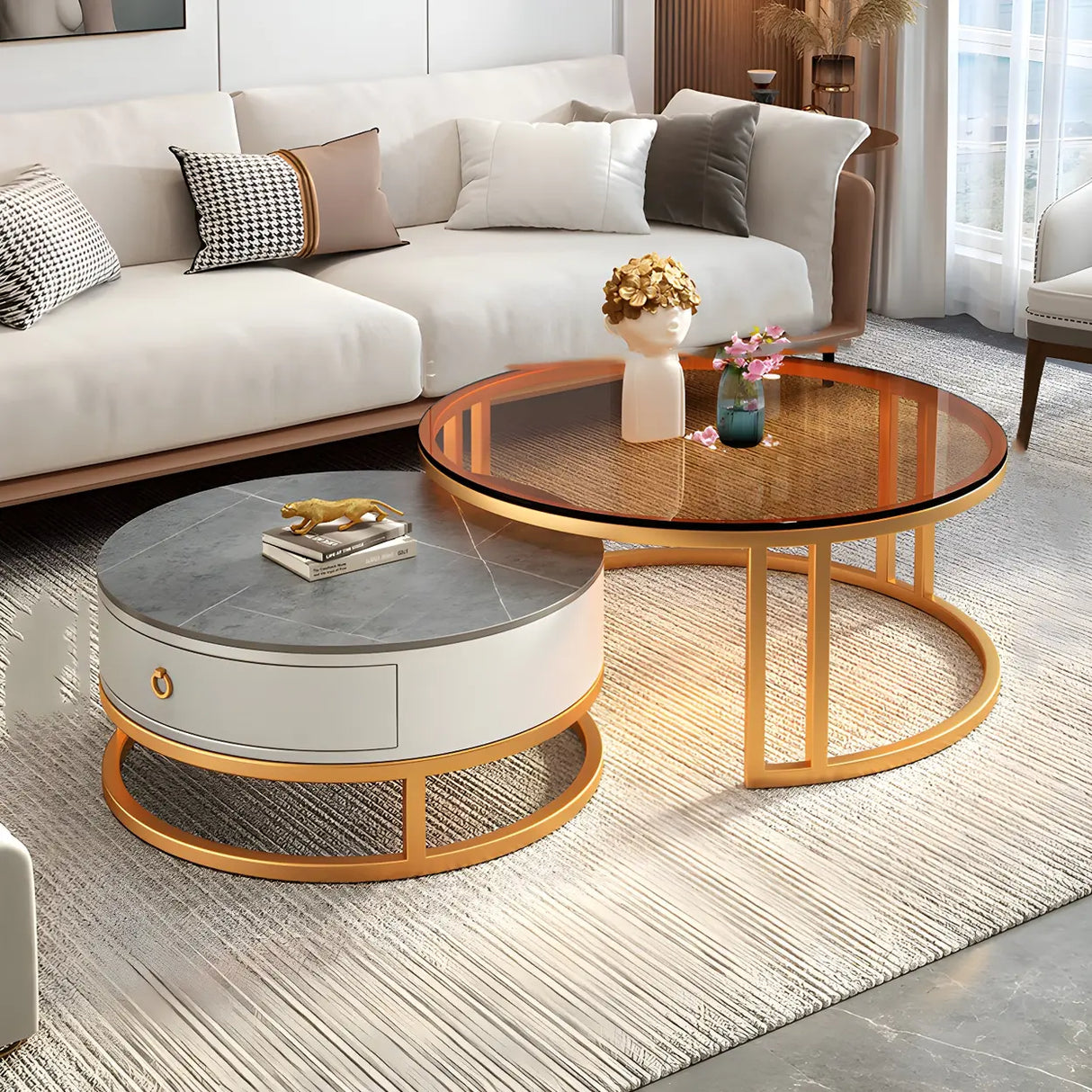 Modern Glass Round Steel Frame Nesting Coffee Tables Image - 5