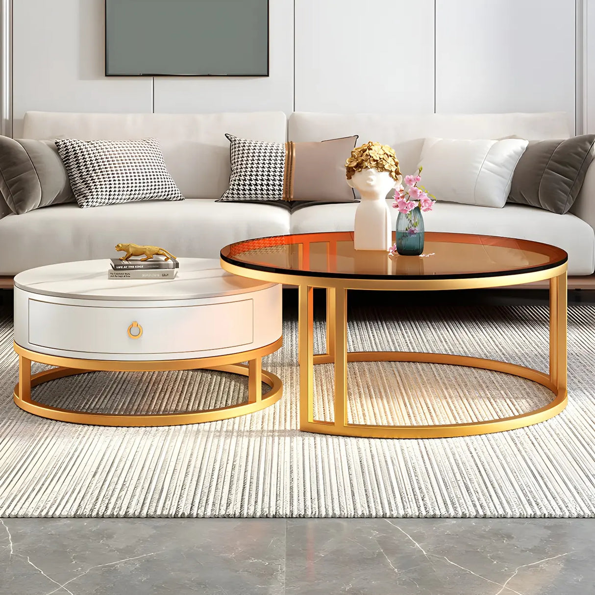 Modern Glass Round Steel Frame Nesting Coffee Tables Image - 6