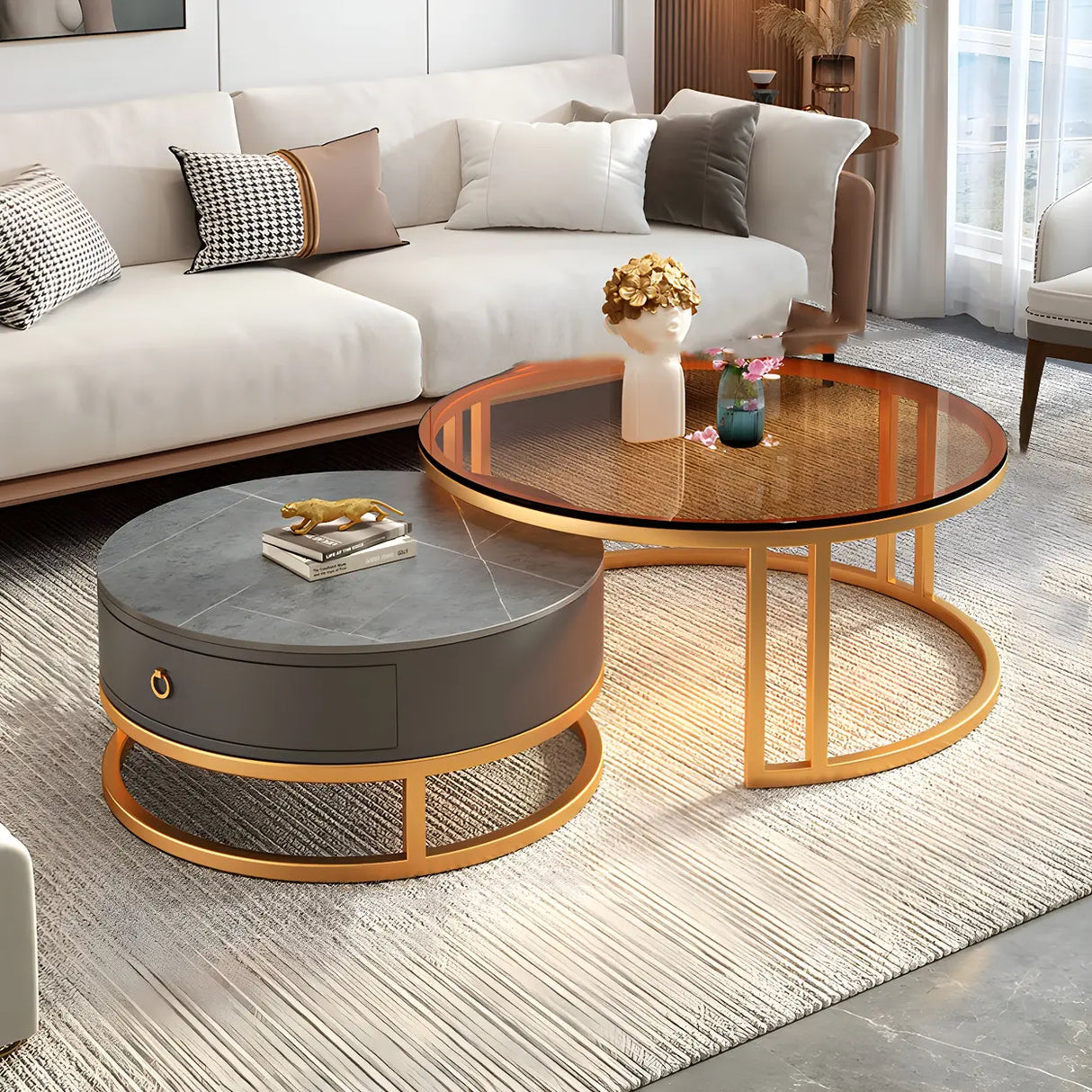 Modern Glass Round Steel Frame Nesting Coffee Tables Image - 7
