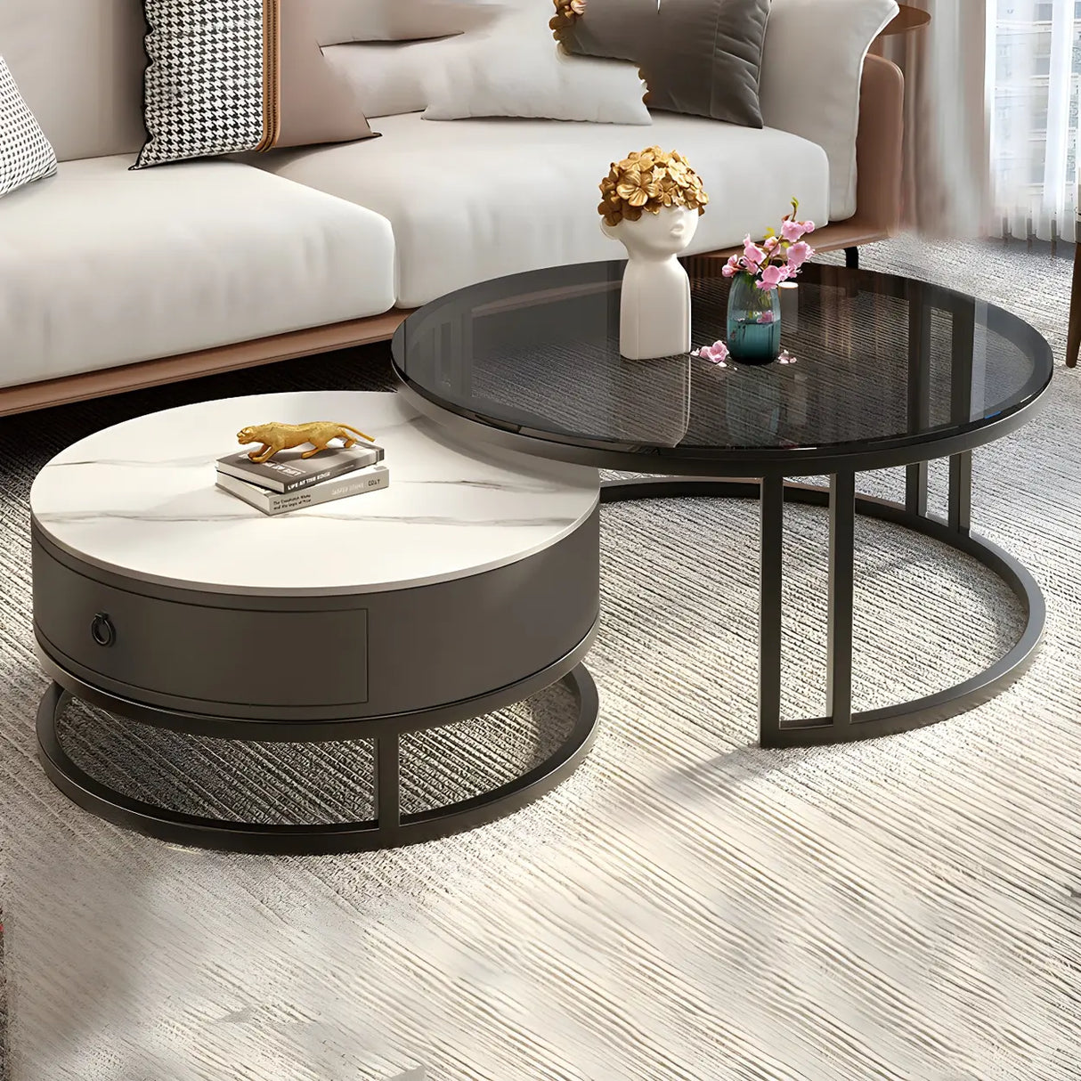 Modern Glass Round Steel Frame Nesting Coffee Tables Image - 8