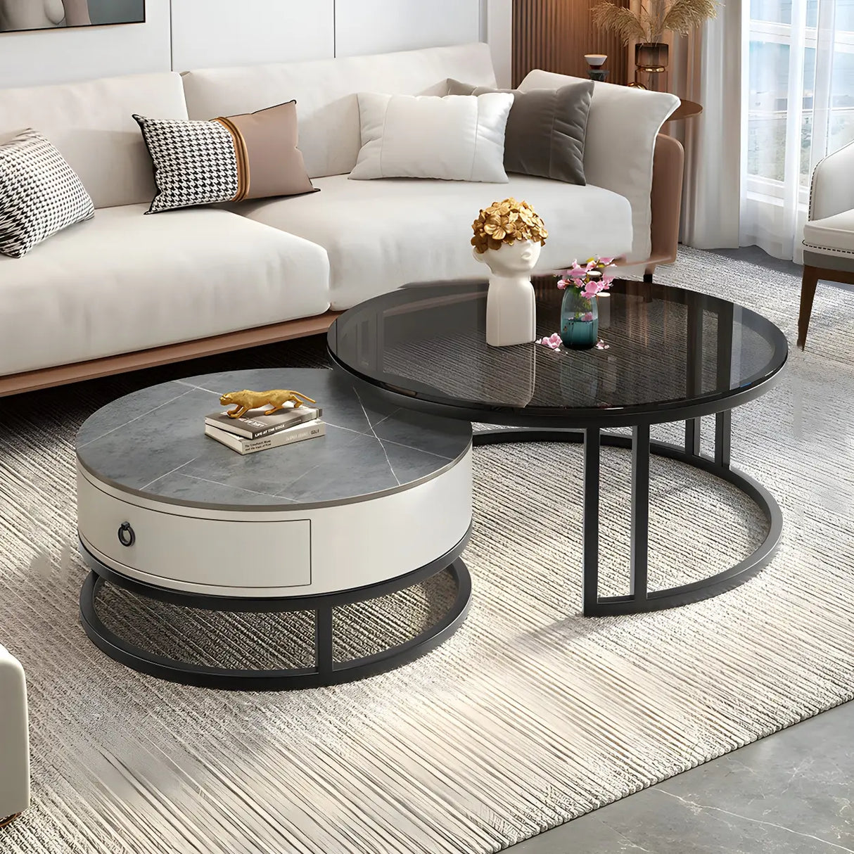 Modern Glass Round Steel Frame Nesting Coffee Tables Image - 9