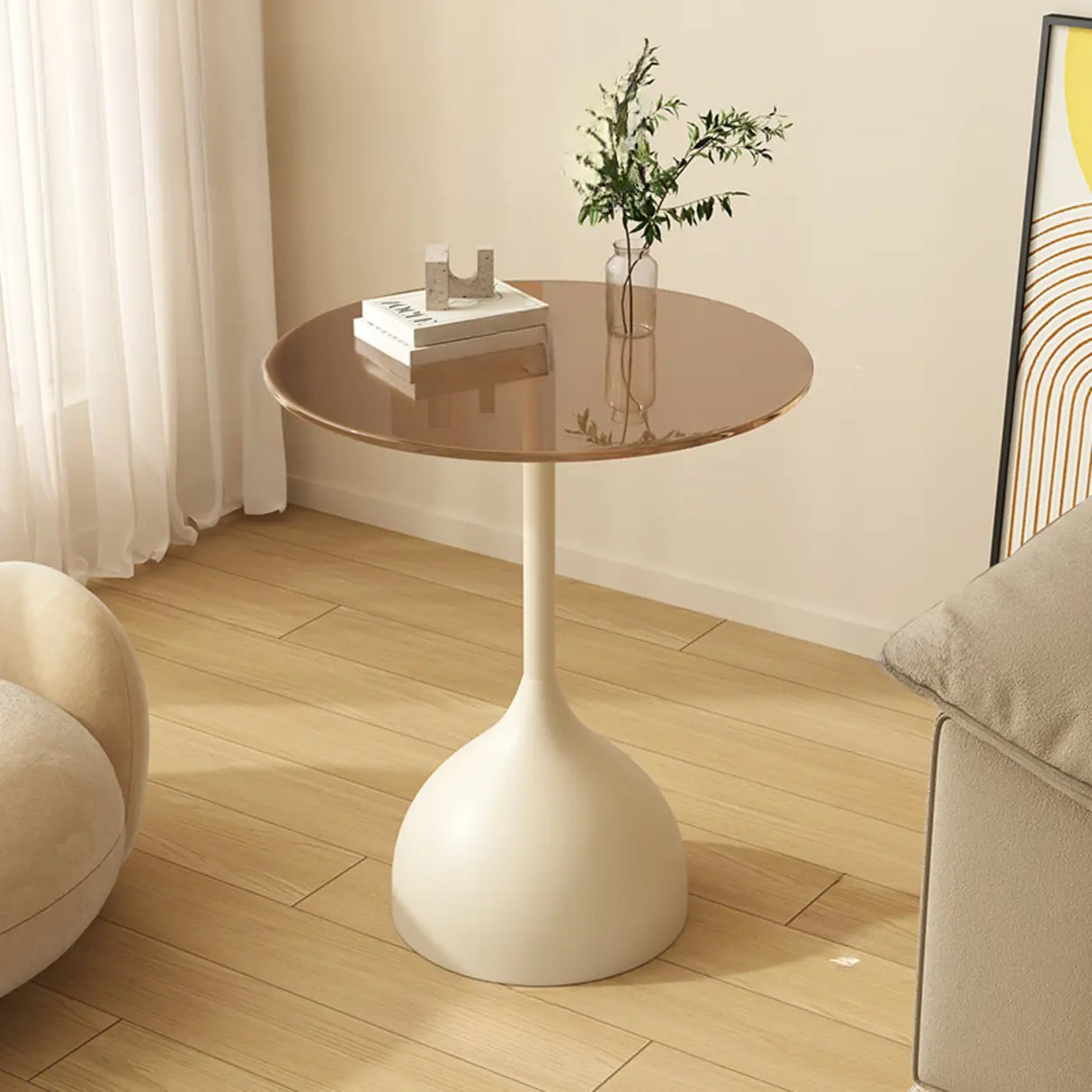 Modern Glass Tabletop Pedestal Base Circular Side Table Image - 2