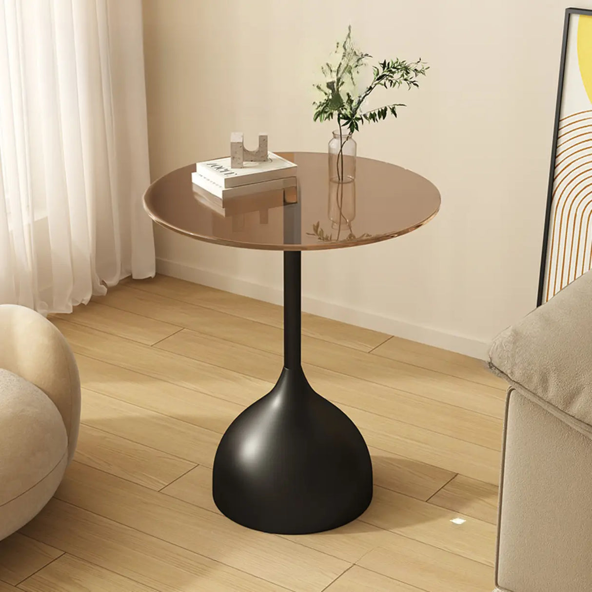 Modern Glass Tabletop Pedestal Base Circular Side Table Image - 3