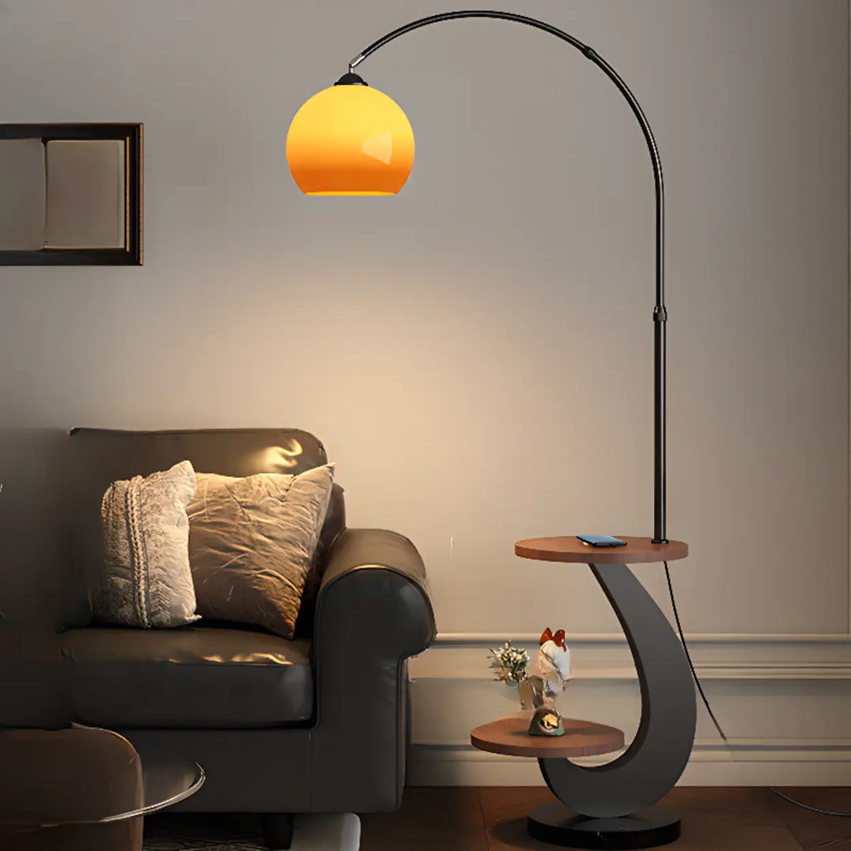 Modern Globe Glass Arc Floor Lamp with Side Table & USB Port Image - 11