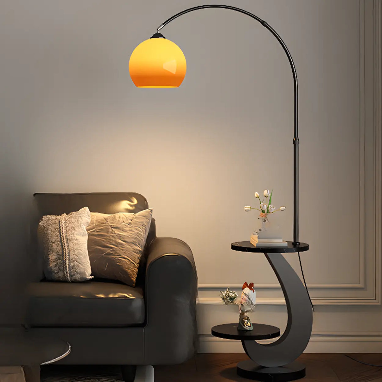 Modern Globe Glass Arc Floor Lamp with Side Table & USB Port Image - 2